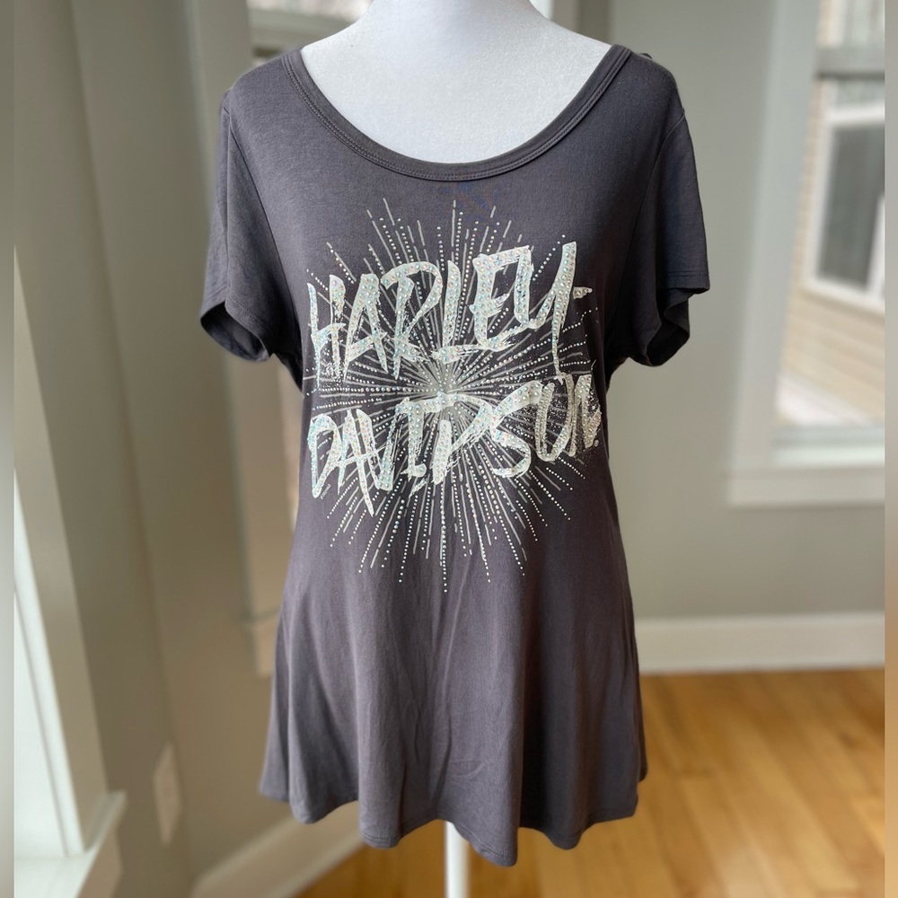 Vintage Y2K Harley-Davidson Charcoal Gray Iridescent Beaded Short Sleeve T-Shirt
